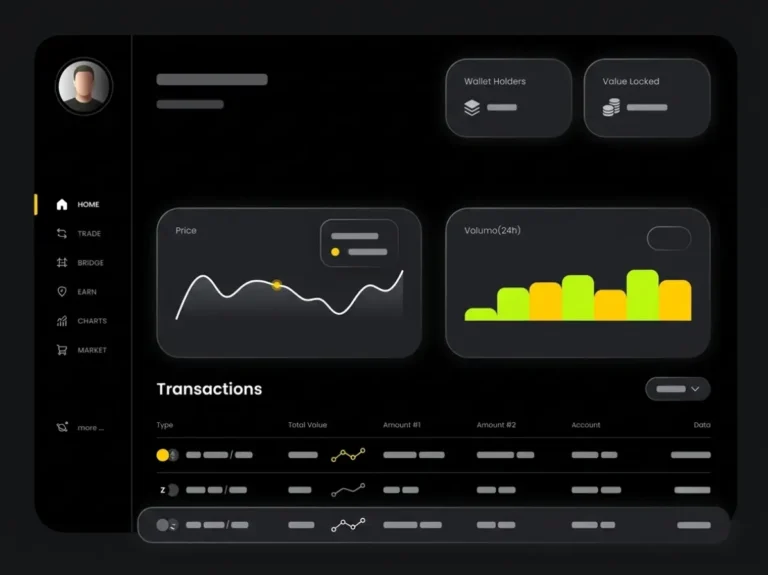 Dark mode AI analytics dashboard UI layout featuring crypto metrics, price trend line charts, 24h volume bar graphs, and recent transaction history tables.