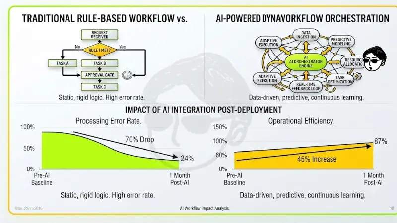 Infographic comparing traditional rule-based workflows with AI dynamic workflow orchestration, highlighting post-deployment results: a 70% drop in processing error rate and a 45% increase in operational efficiency.