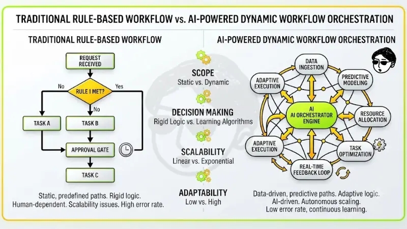 omparison diagram contrasting traditional rule-based workflow logic with AI-powered dynamic workflow orchestration, highlighting key differences in scope, decision making, scalability, and adaptability.