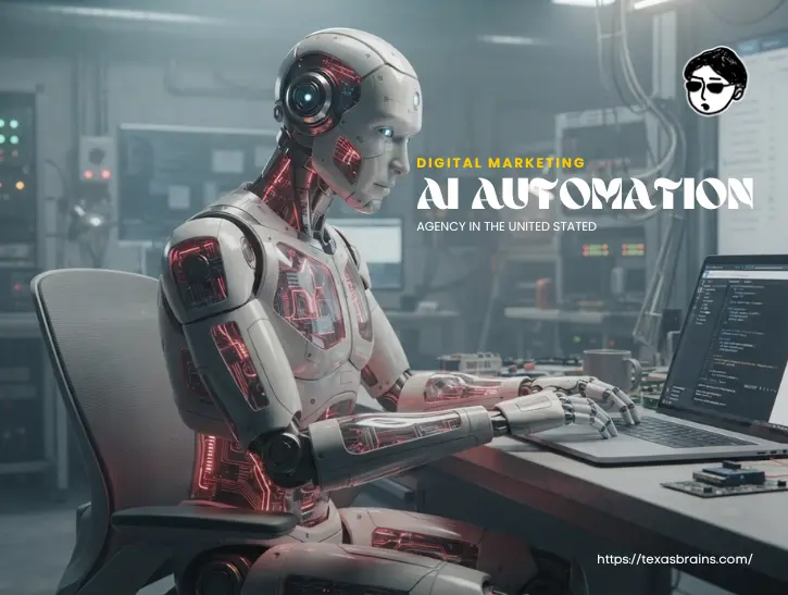 Futuristic humanoid robot working on a laptop at a tech workstation, representing digital marketing AI automation services by Texas Brains.