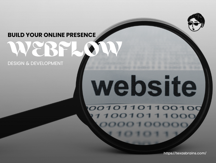 Webflow design and development services banner featuring a magnifying glass inspecting website code to build online presence.