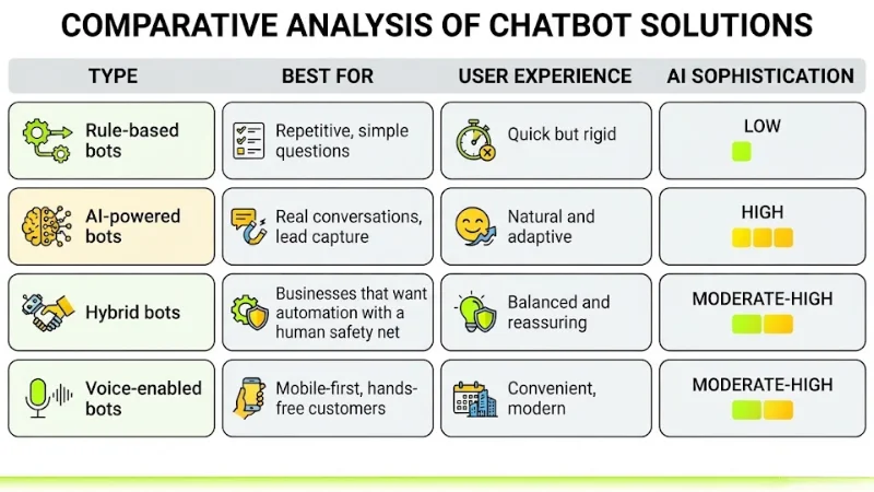 Comparative analysis chart titled Comparative Analysis of Chatbot Solutions, comparing rule-based, AI-powered, hybrid, and voice-enabled bots across target applications, user experience, and AI sophistication.