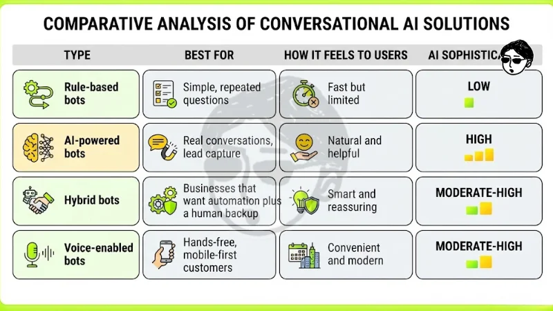 Comparative analysis chart titled Comparative Analysis of Conversational AI Solutions, evaluating rule-based, AI-powered, hybrid, and voice-enabled bots based on use case, user experience, and AI sophistication.