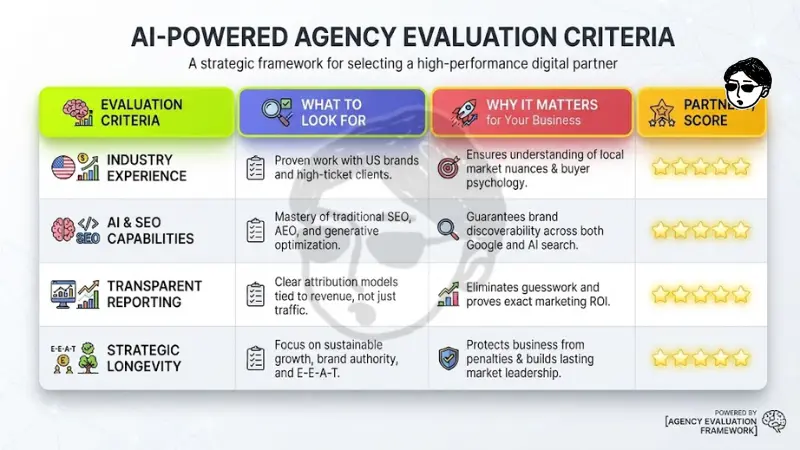 Evaluation framework matrix titled AI-Powered Agency Evaluation Criteria, assessing US digital marketing agency partners on experience, AI and SEO capabilities, transparent ROI reporting, and long-term E-E-A-T growth.