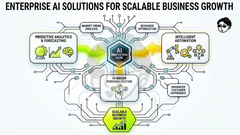 Diagram titled Enterprise AI Solutions for Scalable Business Growth, illustrating a central AI Innovation Core branching into Predictive Analytics, Intelligent Automation, AI-Driven Personalization, and Market Trend Analysis.