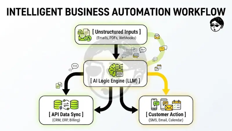 Diagram showing an Intelligent Business Automation Workflow by Texas Brains. Top node captures Unstructured Inputs (emails, PDFs, webhooks), feeding into a central AI Logic Engine (LLM). Outputs route to API Data Sync (CRM, ERP, billing) and Customer Action triggers (SMS, email, calendar).