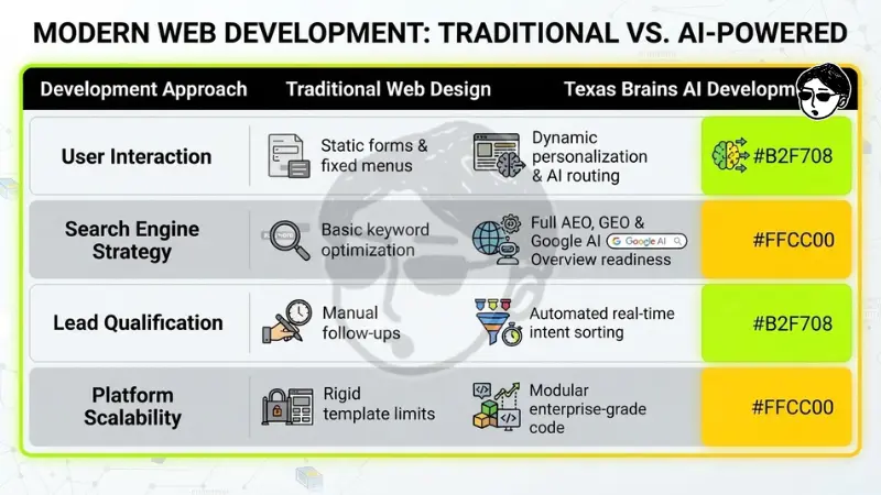 Comparison table titled Modern Web Development: Traditional vs. AI-Powered by Texas Brains, contrasting static web design with AI features like dynamic personalization, AEO and GEO search optimization, real-time lead qualification, and modular scalability.