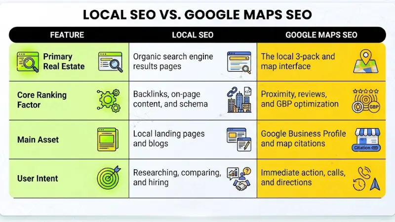Local SEO and Google Maps SEO Comparison table titled Local SEO vs. Google Maps SEO contrasting primary real estate, core ranking factors, main assets, and user intent across both optimization strategies.
