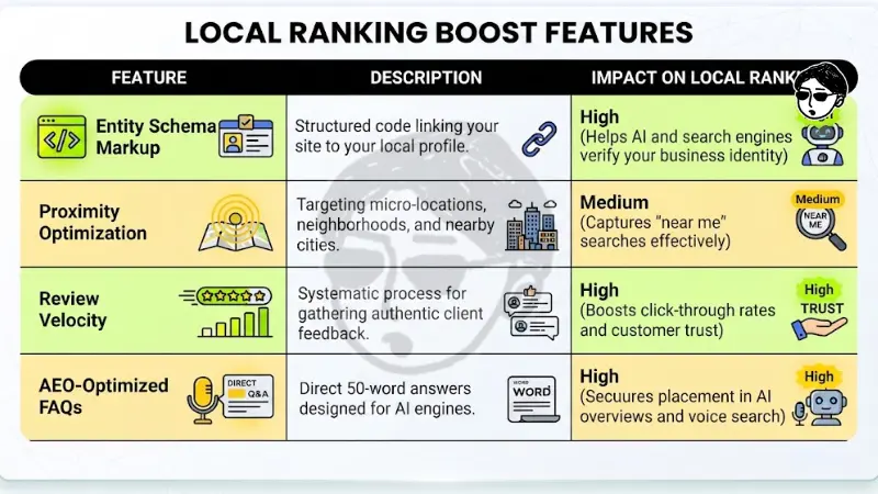 Local ranking strategy matrix titled Local Ranking Boost Features evaluating entity schema markup, proximity optimization, review velocity, and AEO-optimized FAQs across descriptions and impact on local rank.