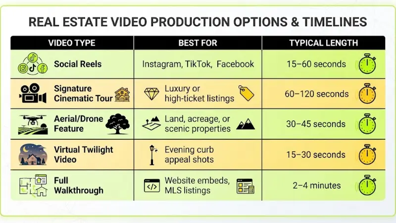 Comparison table titled Real Estate Video Production Options & Timelines detailing video types, best platform uses, and typical lengths for Social Reels, Cinematic Tours, Drone Footage, Twilight Videos, and Full Walkthroughs.