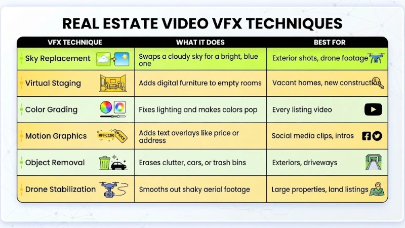 Educational table titled Real Estate Video VFX Techniques breaking down six post-production methods, their functions, and best use cases.