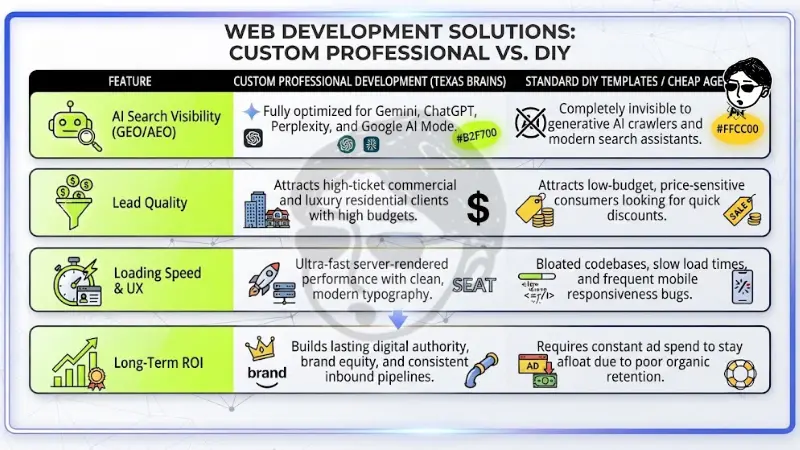 Comparison table titled Web Development Solutions: Custom Professional vs. DIY contrasting AI search visibility, lead quality, loading speed and UX, and long-term ROI between Texas Brains custom professional development and standard DIY templates.