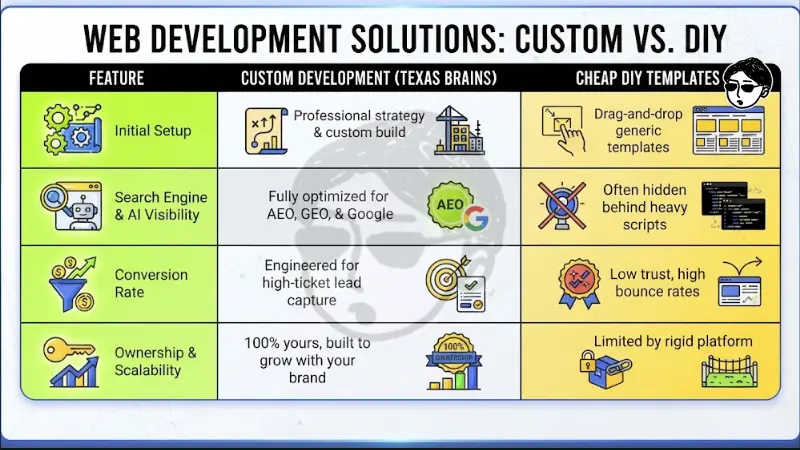 Comparison table titled Web Development Solutions: Custom Vs. DIY contrasting initial setup, search engine and AI visibility, conversion rate, and ownership and scalability between custom development by Texas Brains and cheap DIY templates.