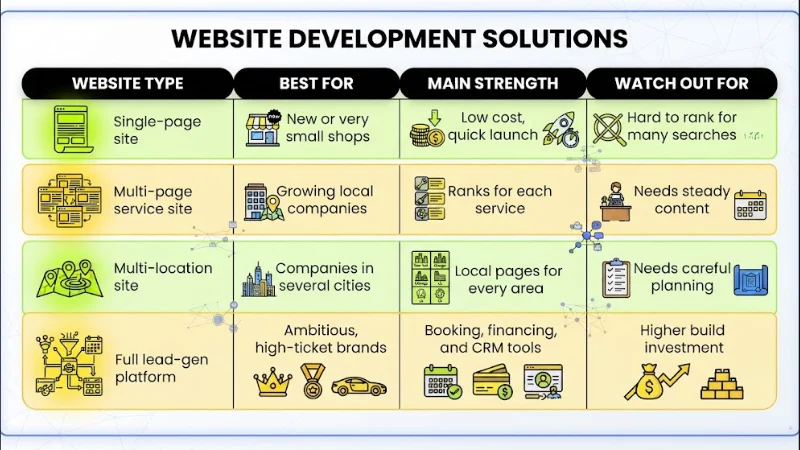 Comparison table titled Website Development Solutions contrasting website types, best use cases, main strengths, and potential watch-outs across single-page sites, multi-page service sites, multi-location sites, and full lead-generation platforms.