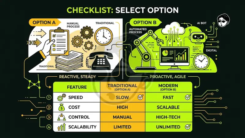 Strategic framework infographic titled Checklist: Select Option contrasting Option A (traditional manual processes like paper files and telephones) with Option B (modern automated processes like cloud computing, AI bots, and robotic arms) across speed, cost, control, and scalability.