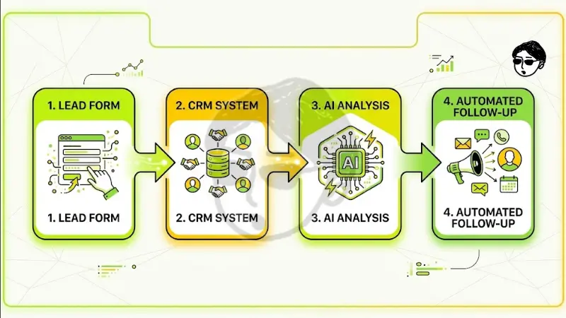 Strategic 4-step CRM and AI automation workflow infographic illustrating the process from Lead Form capture and CRM System data storage to AI Analysis and Automated Follow-Up.