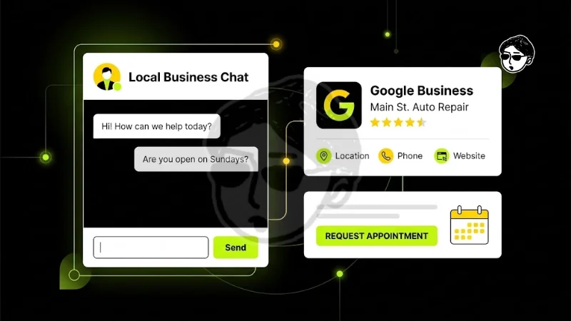 igital marketing graphic illustrating local business chat and Google Business profile integration featuring a chat interface, 5-star rating, contact icons, and an appointment booking call-to-action button.