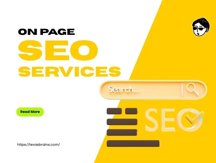 Promotional web services banner by Texas Brains titled On Page SEO Services, featuring a search bar graphic, text blocks, and the website URL texasbrains.com.