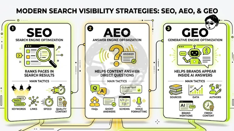 Modern Search Visibility Strategies: SEO, AEO, & GEO breaking down Search Engine Optimization, Answer Engine Optimization, and Generative Engine Optimization alongside their core tactics.